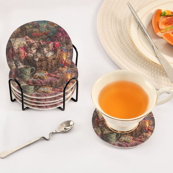 YAZAOO 6Pcs Drink Coasters With Holder 3.94Inch Kittens in A Cozy Basket Creative Coil Coaster Coasters Colors Absorbent Coasters for Drinks Coasters Set Thicken Heat for Home Table