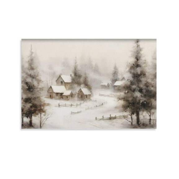 Winter Country Farmhouse, Vintage Snowy Wonderland, Snowscape Pine Trees Art Canvas Wall Art Print Poster For Home School Office Decor