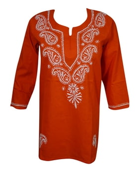 Mogul Women's Cotton Red Tunic Paisley Hand Embroidery Long Sleeves Festive Blouse Dress M