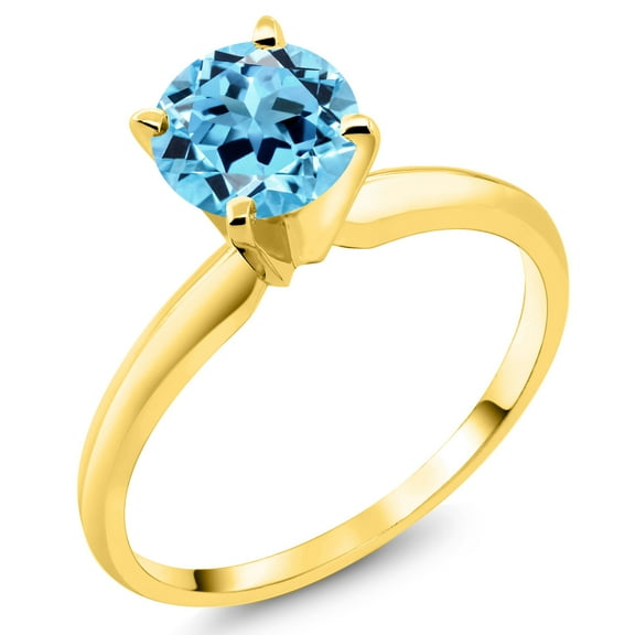 Gem Stone King 14K Yellow Gold Swiss Blue Topaz Solitaire Engagement Ring for Women (1.20 Cttw, Gemstone November Birthstone, Round 6.5MM, Size 9)