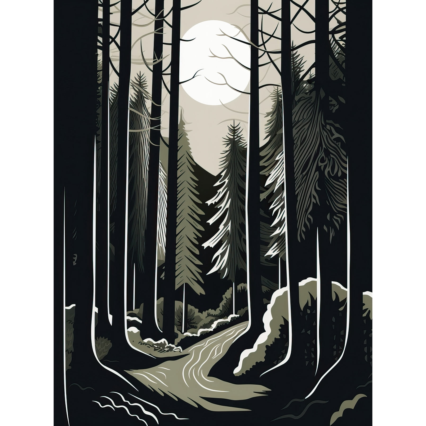 Full Moon Night at Pine Forest Landscape Linocut Unframed Wall Art ...