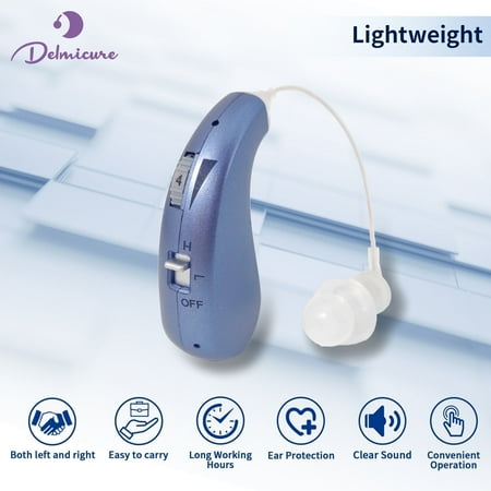 Delmicure Hearing Aids for Seniors, Rechargeable Digital CIC Sound Device: Noise Cancellation Chip, Volume Memory, VHP-1206 Single - Blue