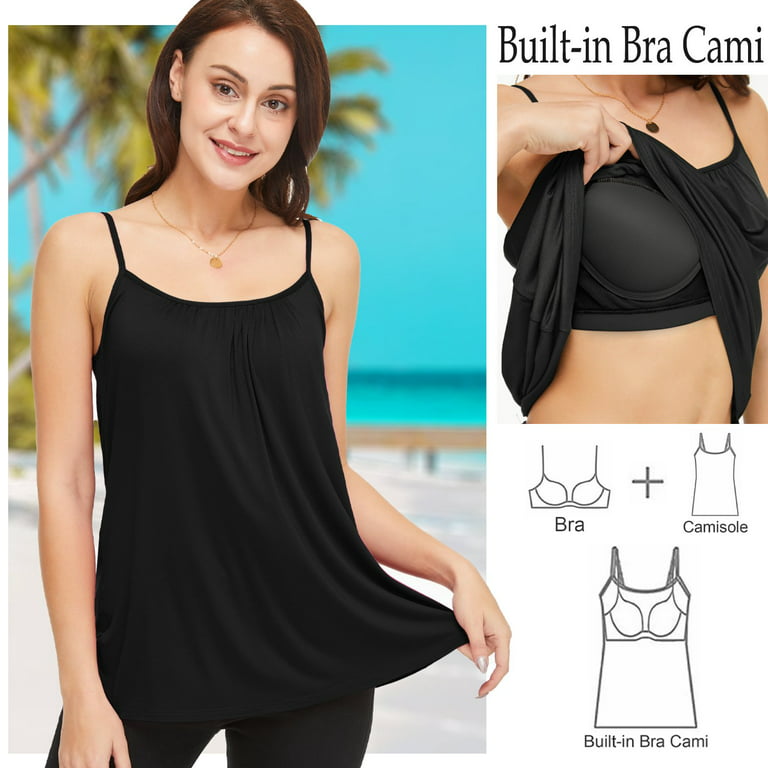 Women Flowy Pleated Camisole with Built in Bra Loose Casual