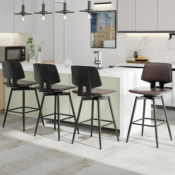VECELO Swivel Counter Height Bar Stools Set of 4, Faux Leather Upholstered Bar Chairs with Back Footrest and Metal Legs for Kitchen Island, Brown