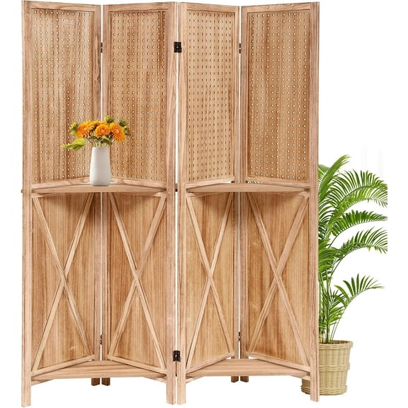 Kselythan Wood Room Divider,Folding Privacy Screen With Shelves,Tall Wall Divider 4 Panel,Portable Freestanding Room Partition For Room Separation Home Office Bedroom