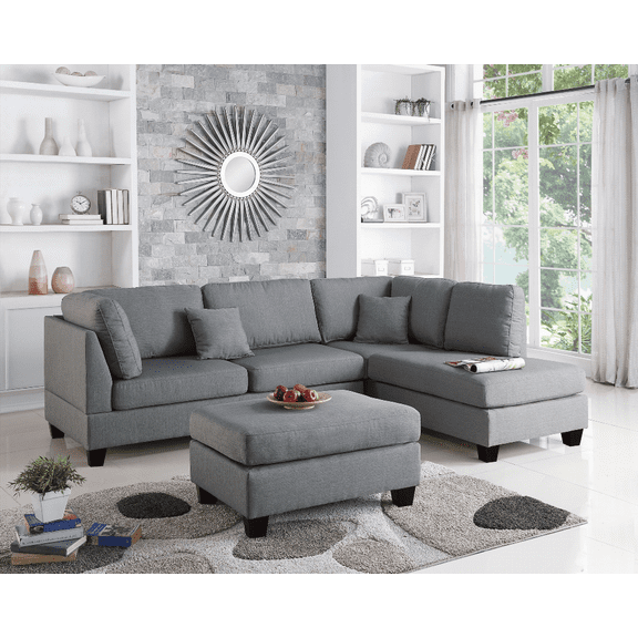 Grey 3-Piece Sectional Sofa with Reversible Chaise & Ottoman, Polyfiber Linen-Like Fabric Cushions, for US Living Rooms