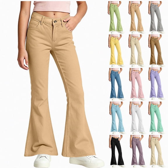 HAOTAGS Girls Flared Pants (5-16) Casual Fashionable Long Pants Khaki Size 7