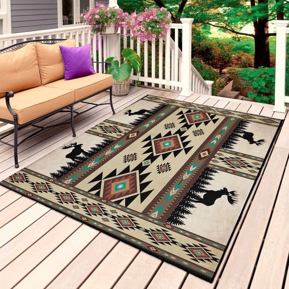 Southwest Aztec Outdoor Rug for Patio/Deck/Porch, Non-Slip Large Area Rug 5 x 7 Ft, Brown Forest Tree Elk Geometric Green Indoor Outdoor Rugs Washable Area Rugs, Reversible Camping Rug Carpet Runner