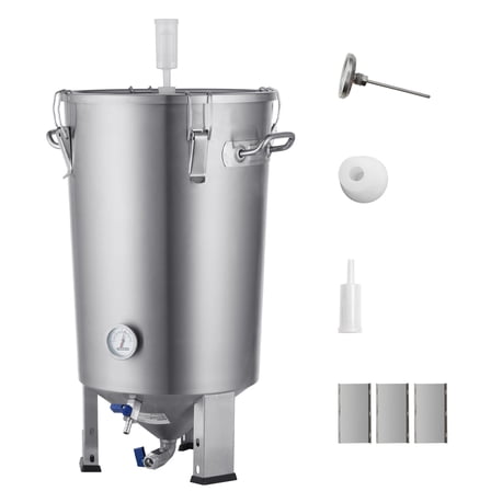 KFFKFF 304 Stainless Steel Brewing Kettle, 8-Gallon Fermentation Bucket for Home Brewing, Includes Lid, Handle, Valve, Spigot, Thermometer, and Base