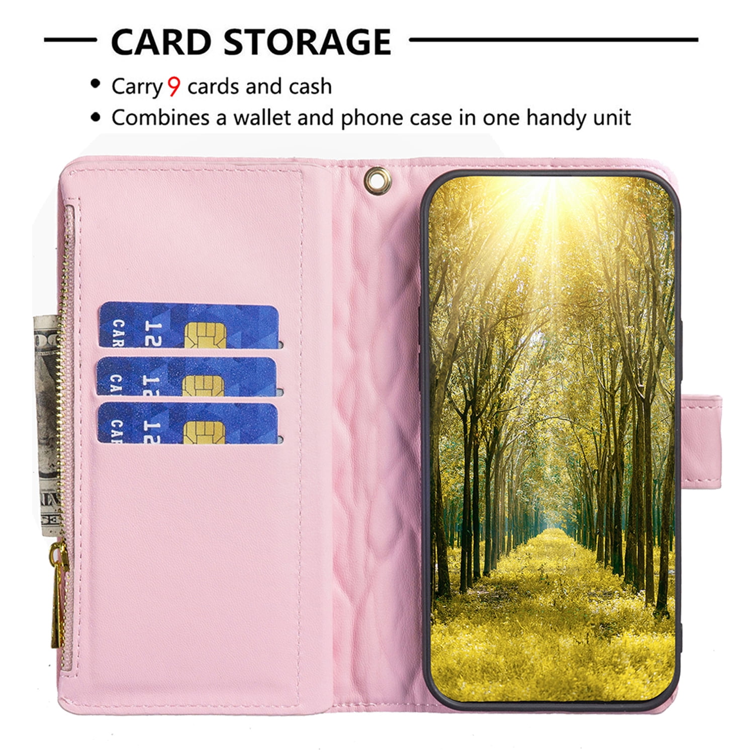 Allytech iPhone 13 Wallet Case, PU Leather Flip Folio Stand Shockproof Zipper Wallet Cards Holders Detachable Hand Wrist Phone Case Cover for Apple iPhone 13 6.1-Inch - Pink
