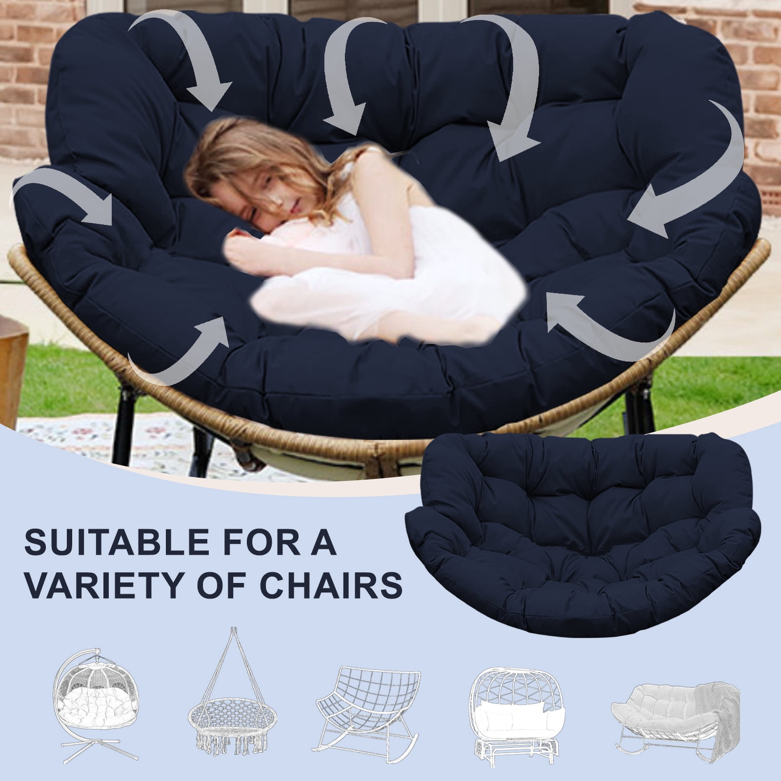 XXLYY Outdoor Rocking Chair Cushions – 6.3" Thick Waterproof Papasan Egg Chair Pad with Ties, Comfortable Round Seat Cushion for Living Room, Patio, Porch, or Balcony