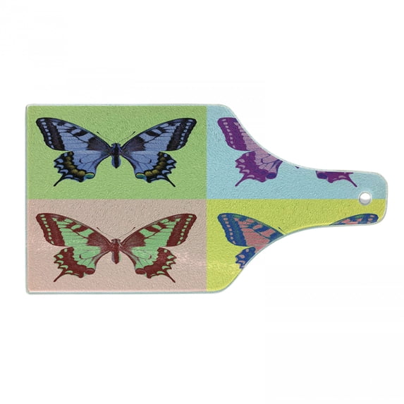 Butterfly Cutting Board, Pop Art Swallowtail Pavilions Wild Life Transcendent Energies of Miraculous Wings, Tempered Glass Cutting and Serving Board, Wine Bottle Shape, Multicolor, by Ambesonne