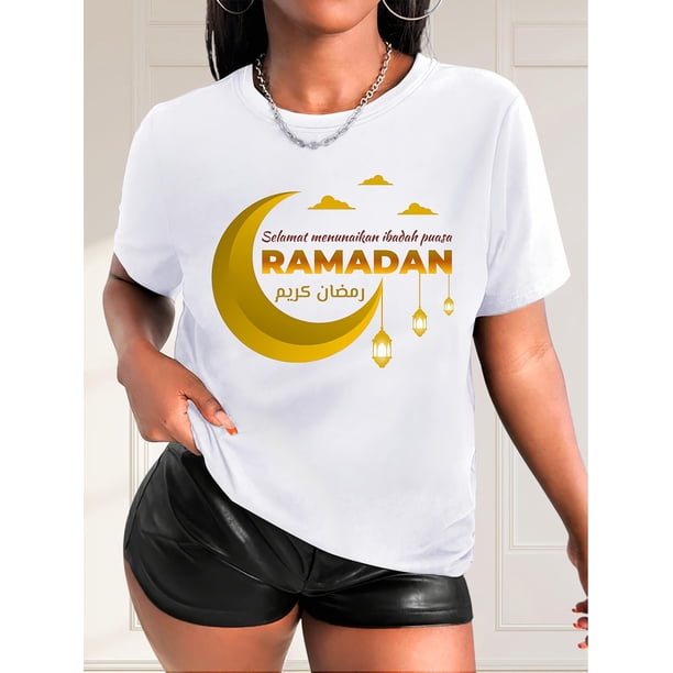 Women's Casual Fashion T-Shirt with Crescent Moon and Cloud Print, Round Neck, Short Sleeve, Semi-Sheer Polyester - Machine Washable