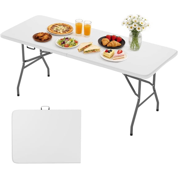 BestOffice 6 FT Picnic Table, Portable Plastic Folding Table with Carrying Handle Perfect, White