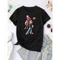 thumbnail image 3 of Women's Playful Cartoon Graphic Tee - Black Round Neck Short Sleeve Casual Sporty Top, Machine Washable, 3 of 8