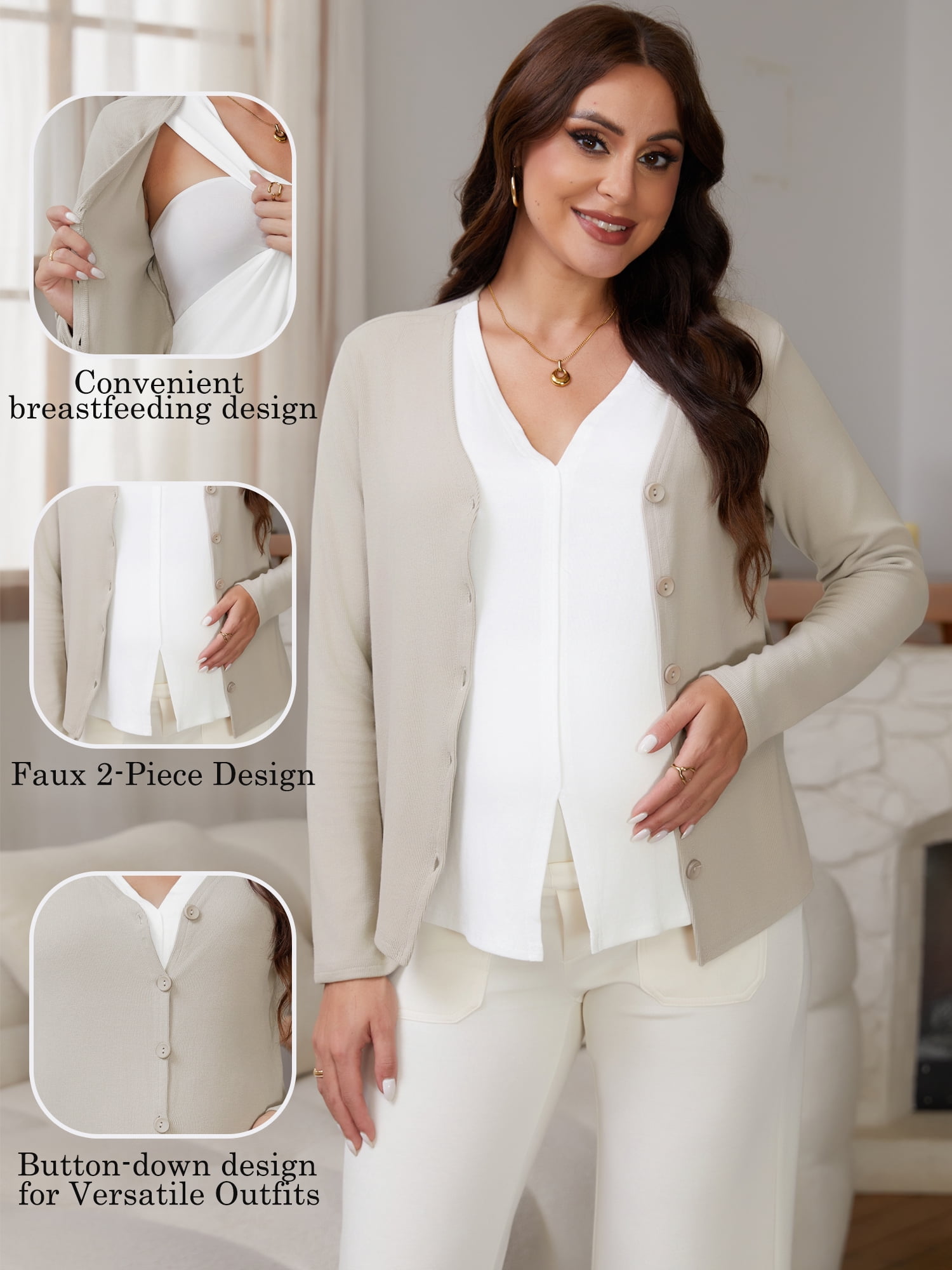 DARING DIVA Women's Nursing Maternity Faux Knit Postpartum Shirt 2-Piece S Khaki