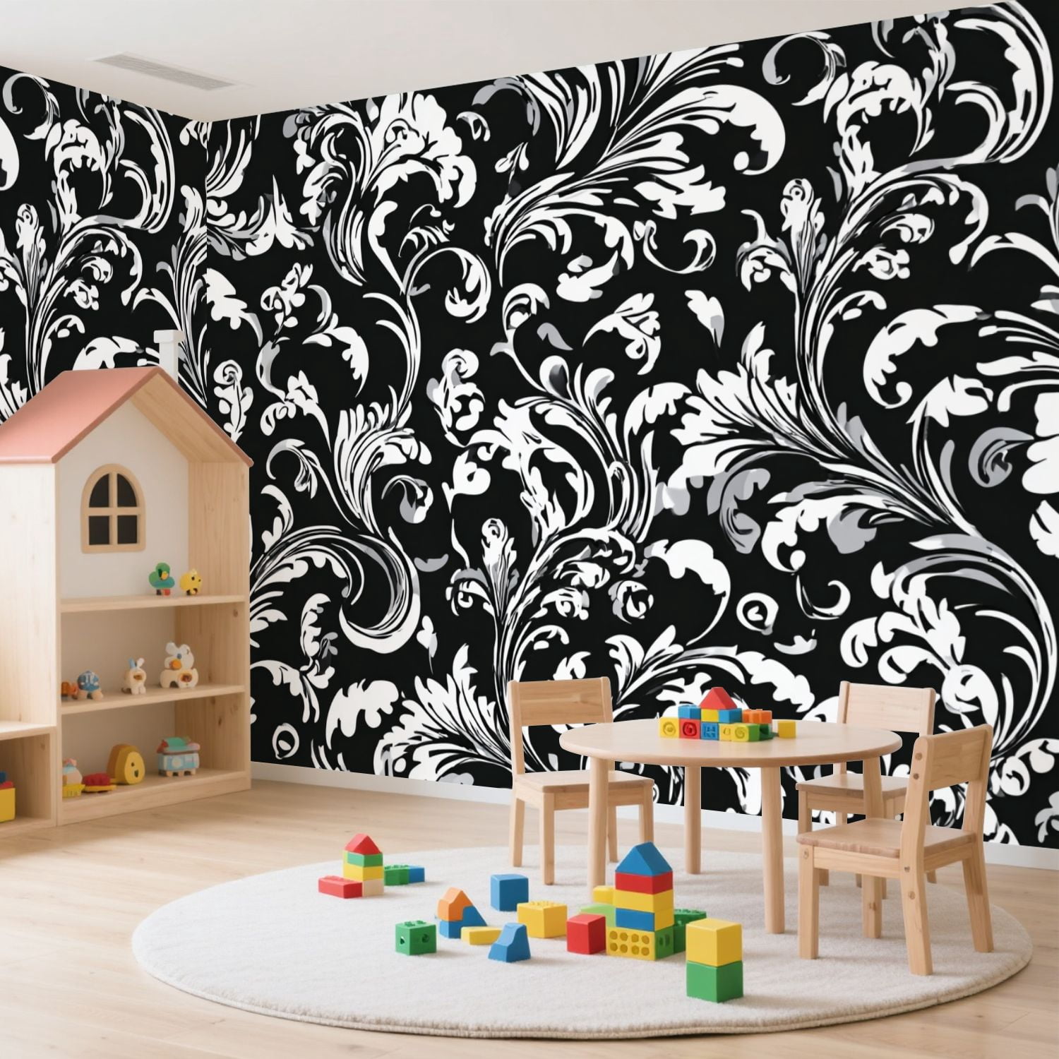 Wall Mural Peel and Stick Floral baroque damask Seamless Black white ornament Self-Adhesive Wallpaper Removable Wall Decal Wall Sticker Home Decor for Living Room Bedroom 100"x144"