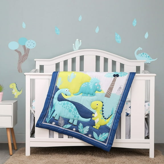Sweet Baba 4 PC Dinosaur Crib Bedding Sets for Baby Boys,Yellow/Navy Blue Nursery Crib Set Including Crib Skirt/Crib Quilt/2 Crib Sheet