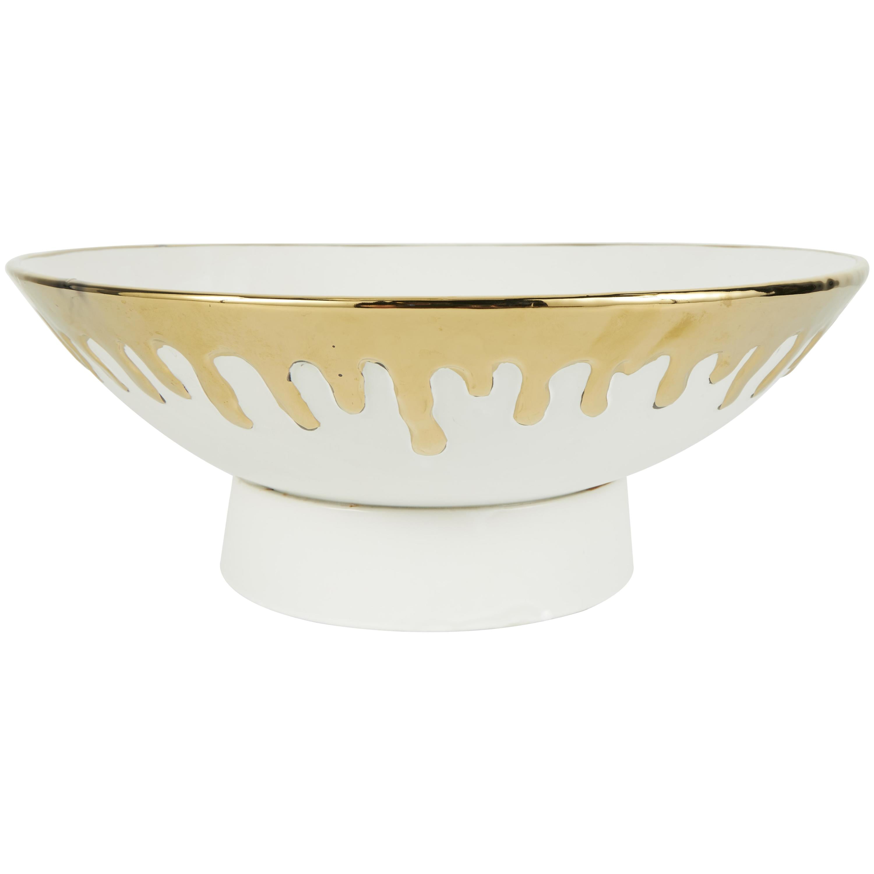 CosmoLiving by Cosmopolitan 15" Round White Ceramic Decorative Bowl with Abstract Gold Melting Drips