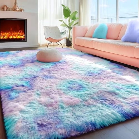 Cute Kawaii Purple Rainbow Rug for Girls Bedroom, 5x8 Washable Area Rug, Soft Fluffy Shag Rug for Girls Room Baby Kids Playroom Nursery Classroom Plush Furry Mermaid Rug, Fuzzy Pastel Carpet