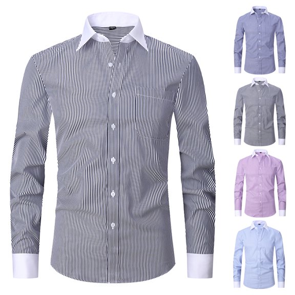 SeCaotees Contrast Cuff Dress Shirts for Men Long Sleeve Point Collar Button Closure Soft Woven Material Slim Fit Formal And Daily Commuting Blouses Black,L