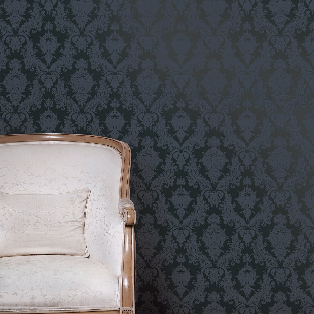 Tempaper Textured Damask Black Peel and Stick Damask Wallpaper, 20.5" x 16.5'