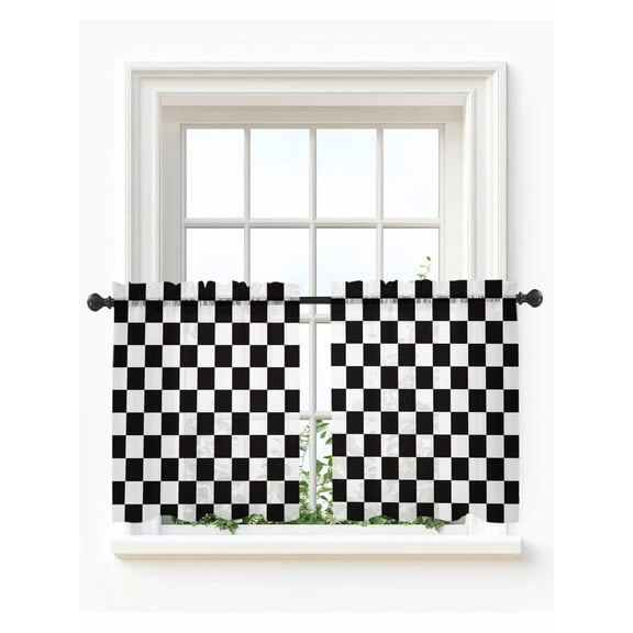 Simple Black White Checkered Tier Curtains 24 Inch Length,Sheer Curtains for Bedroom Living Room Window Lattice Buffalo Plaid Rod Pocket Drapes Kitchen Curtains Small Half Window 27.5"x24" 2 Panels