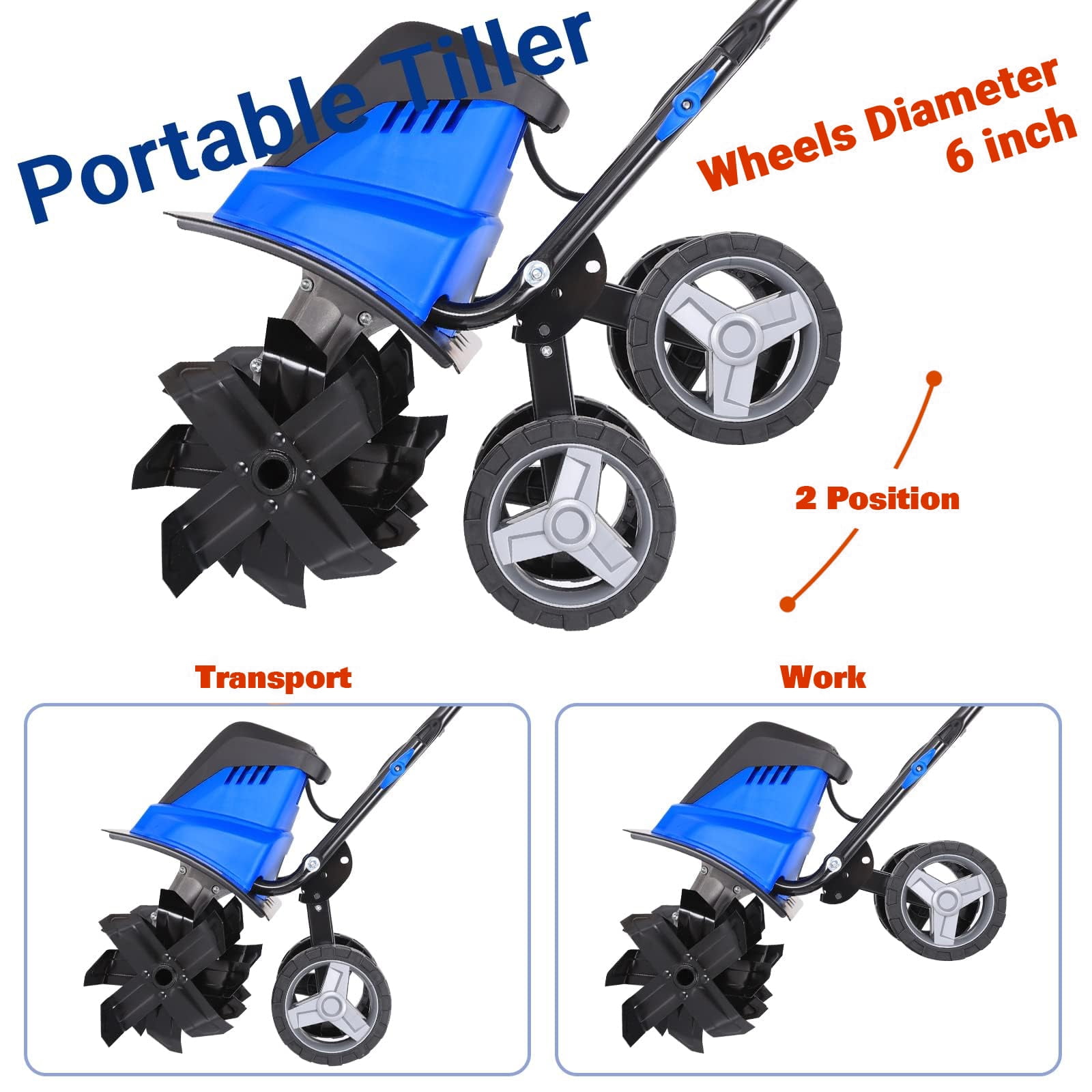 16 in Tiller Cultivator 120V 13.5 Amp 6 Steel Tines Tillers for Gardening Foldable Electric Garden Rototiller with Adjustable Wheels