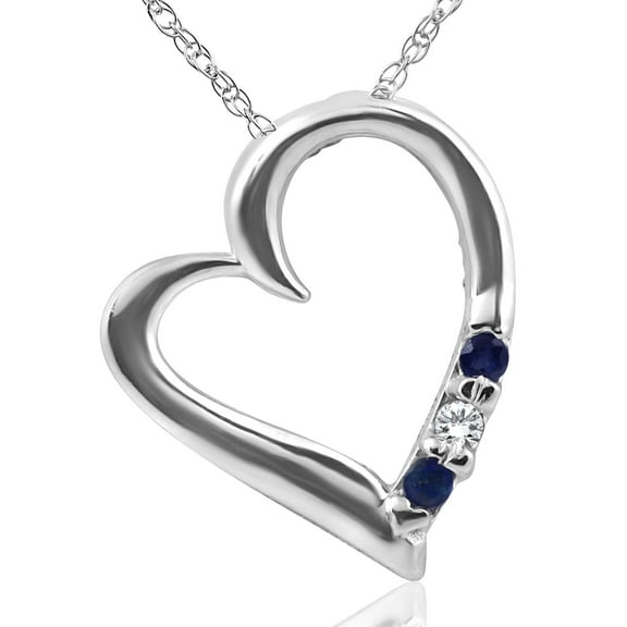 Pompeii Diamond & Blue Sapphire Heart Pendant 3-Stone 14K White Gold with 18" Chain
