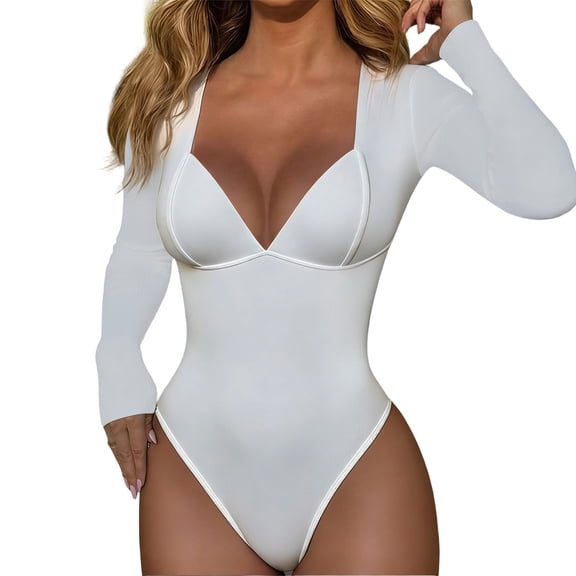 DHFJKG Womens Long Sleeve Bodysuits Basic Slim Fit Stretch Layering Top Sexy Deep V Neck Going Out Clothes Nightclub Wear Stylish Onesie