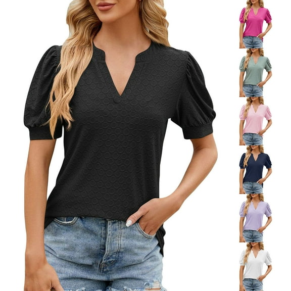 Xihbxyly Womens Tshirts, Women's Summer Solid Lace V Neck Bubble Short Sleeve Solid T-Shirt Top Fashion Basic Tunic Top