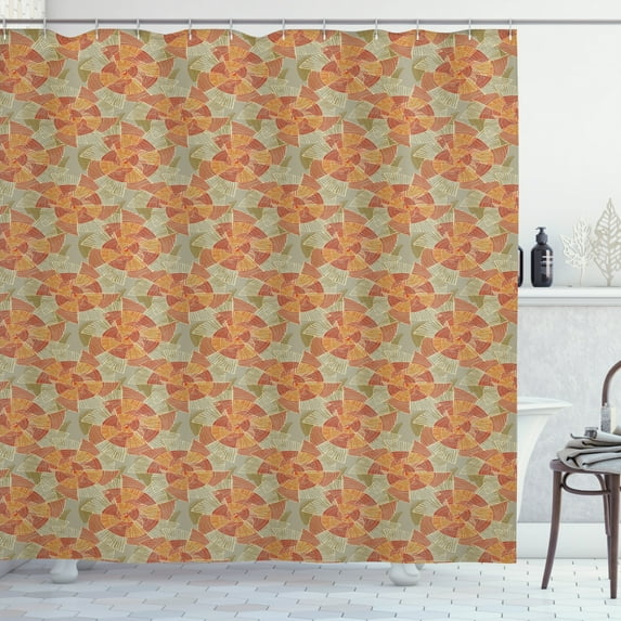 Pinwheel Shower Curtain, Earth Tones Inspired Artistic Abstract Motifs in Striped Circular Vintage Shapes, Fabric Bathroom Set with Hooks, 69W X 84L Inches Extra Long, Multicolor, by Ambesonne