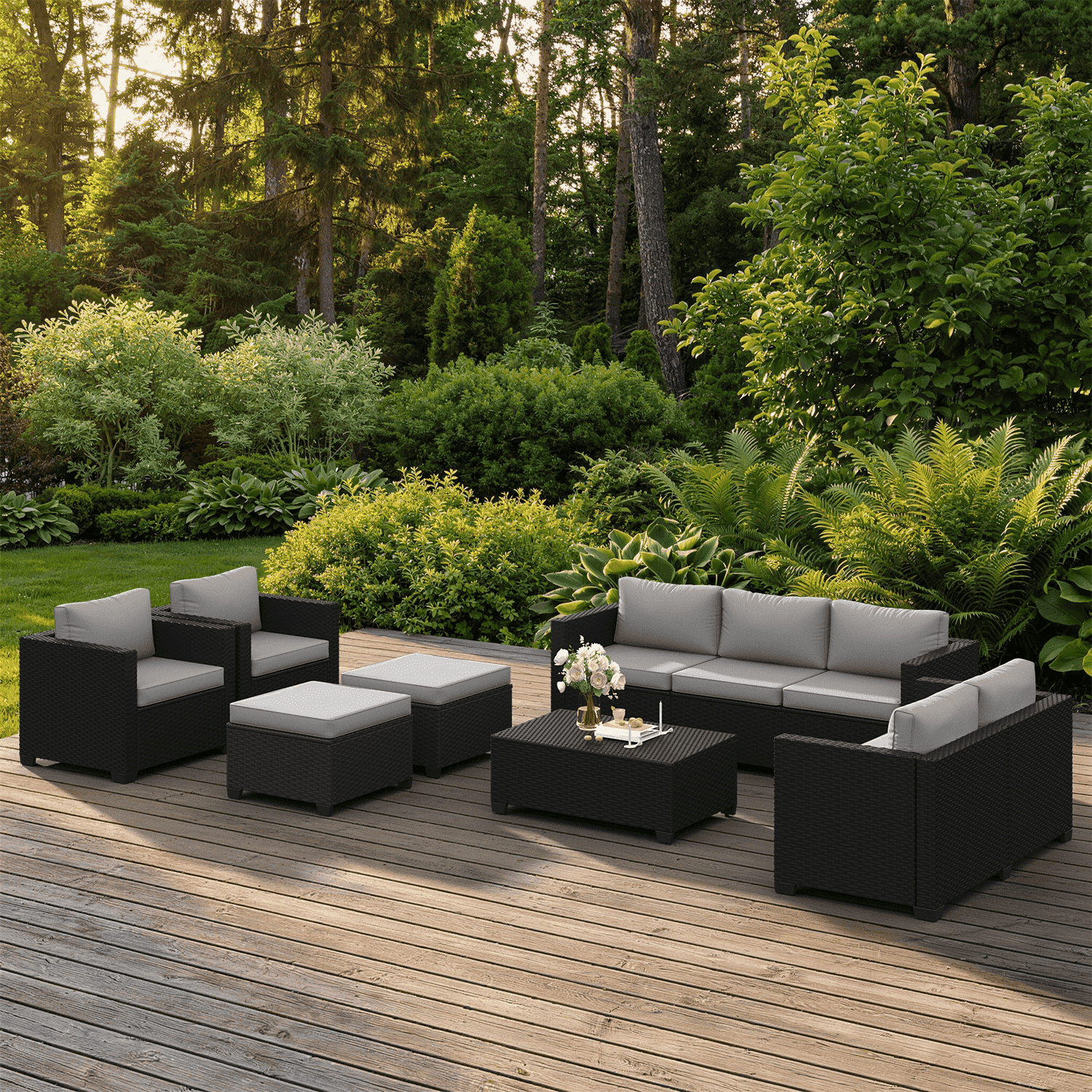 Dateyes 10 Piece Patio Furniture Set, Rattan Wicker Patio Conversation Set Outdoor Furniture, Light Gray