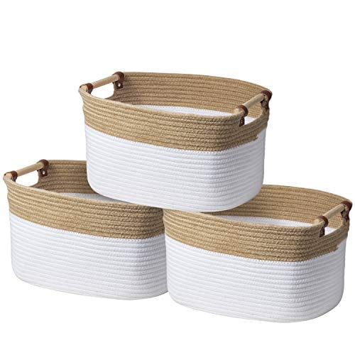 E-HOUPRO Storage Baskets Set of 4,Cotton Rope Woven Organizer Bins Foldable Decorative Basket with Handles for Baby Nursery Laundry Kid's Toy,Beige 
