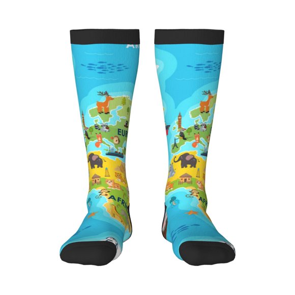 Gaeub World Map With Animals Landmarks Print Design Socks Stretchy High Tube Socks for Men Women Teens , Softball Soccer Socks for Hiking, Sport