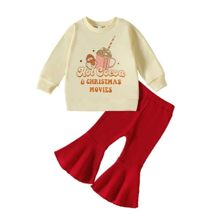

TAIAOJING Baby Girl Clothes Kids Toddler Autumn Winter Christmas Print Cotton Long Sleeve Tops Bell Bottom Set Clothes Fall Outfits 18-24 Months
