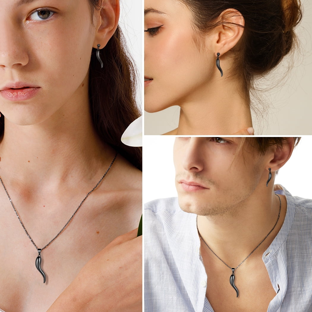Hipunk Italian Horn Necklace for Men 925 Sterling Silver Cornicello Necklace Pendant Black Women Protection Amulet Jewelry Father's Day Gift
