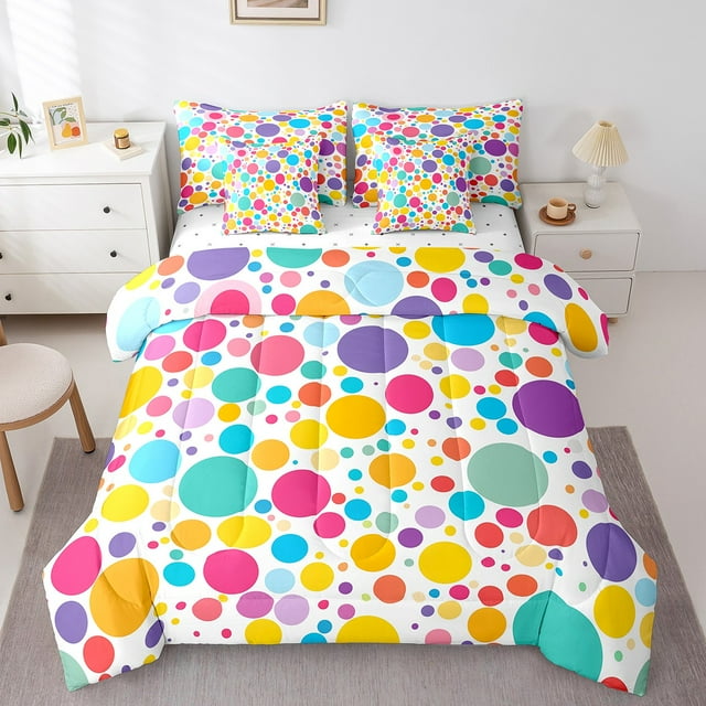 YST Colorful Polka Dots Sheet Set with Comforter 7 Piece Full Abstract Geometry Bedding Sets Modern Rainbow Circle Comforter Set Cartoon Circles Rounds Bed In A Bag Christmas Themed Decor