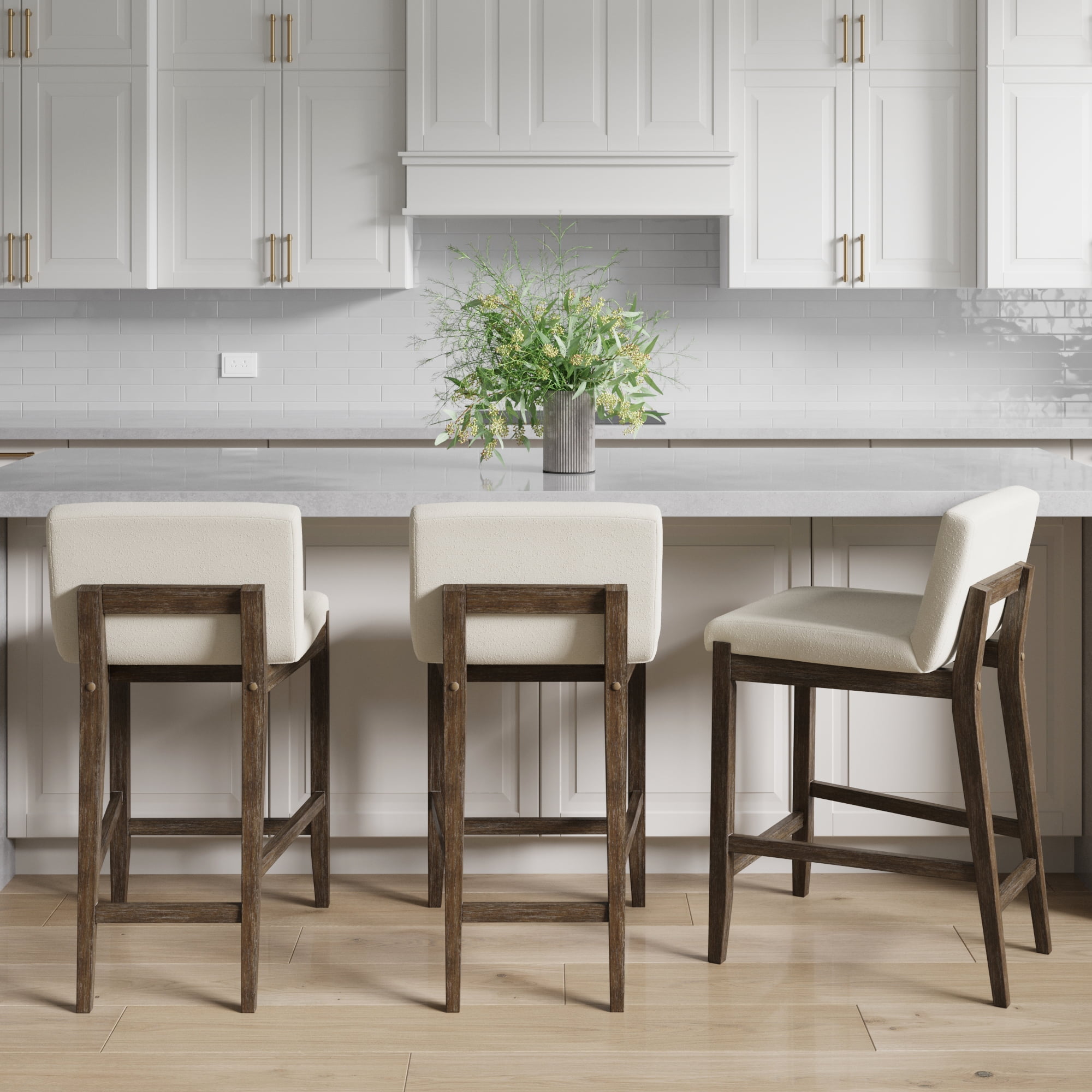Gracie Modern Counter Height Bar Stool with Back, Counter Stool Upholstered Chair with Natural Textured Boucle Linen and Brushed Wooden Legs, White/Dark Brown