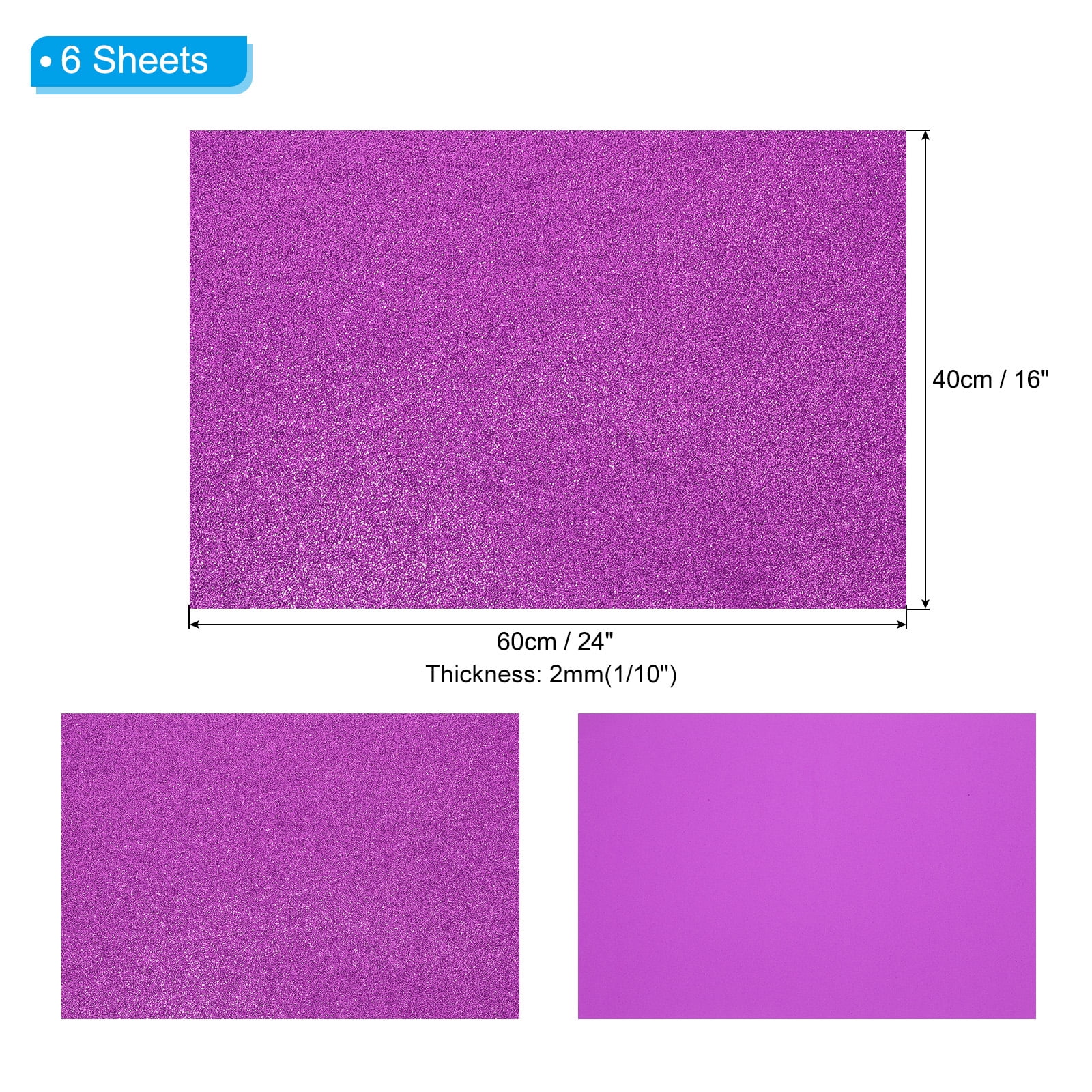 Uxcell 2mm(1/10") Thick Non Adhesive Glitter Foam Sheet 16x24inch(40x60cm) Purple, EVA Shiny Foam Board for Craft, 6 Pcs