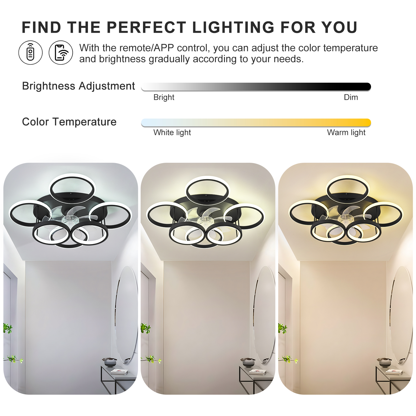 Garwarm Ceiling Fans with Lights, Modern Ceiling Fan with Lights Remote Control, Low Profile Ceiling Fan, 6 Speed Dimmable LED Ceiling Lamp for Bedroom, Kitchen, Black