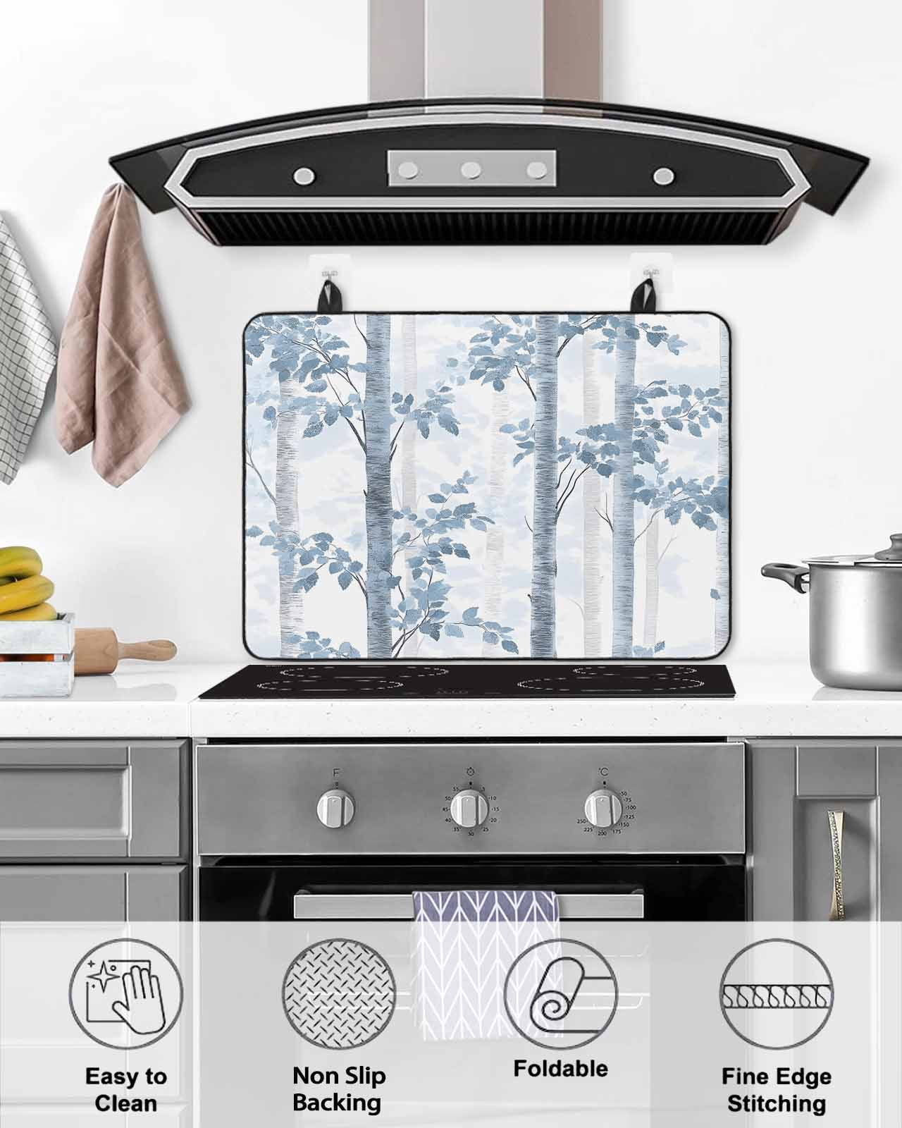 nqOlkjepod Large Induction Cooktop Protector Mat 36"x21", Blue Gray Forest Stove Top Covers for Electric Stove, Watercolor Tree Blue Leaves Decorative Stove Burner Cover Mats, Glass Top Stove Cover