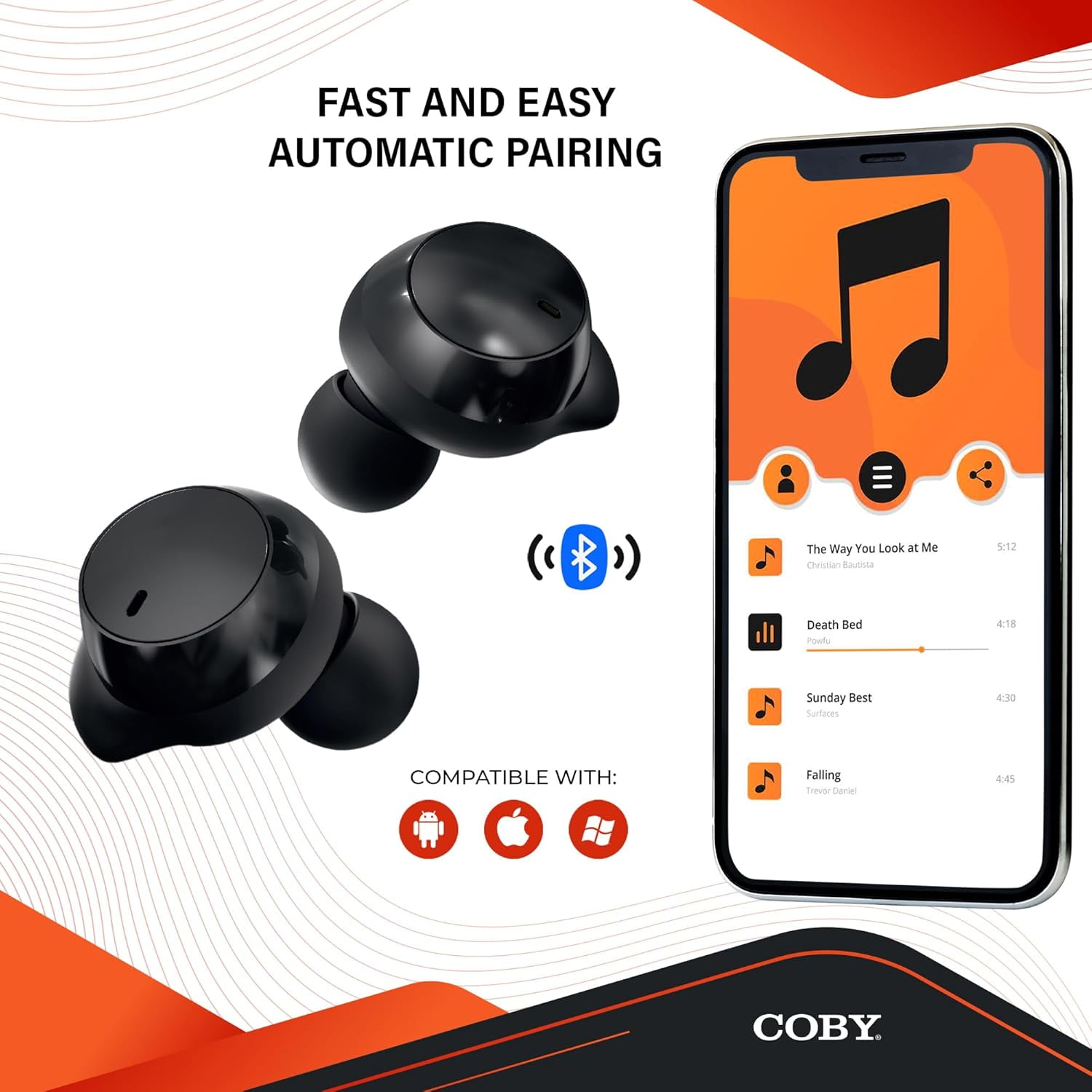 COBY Pro Fitness Bluetooth 5.3 True Wireless Earbuds, Noise-Isolating Earphones with Charging Case, Black