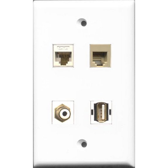 RiteAV 1 Port RCA White and 1 Port USB A-A and 1 Port Phone RJ11 RJ12 Beige and 1 Port Cat6 Ethernet White Wall Plate