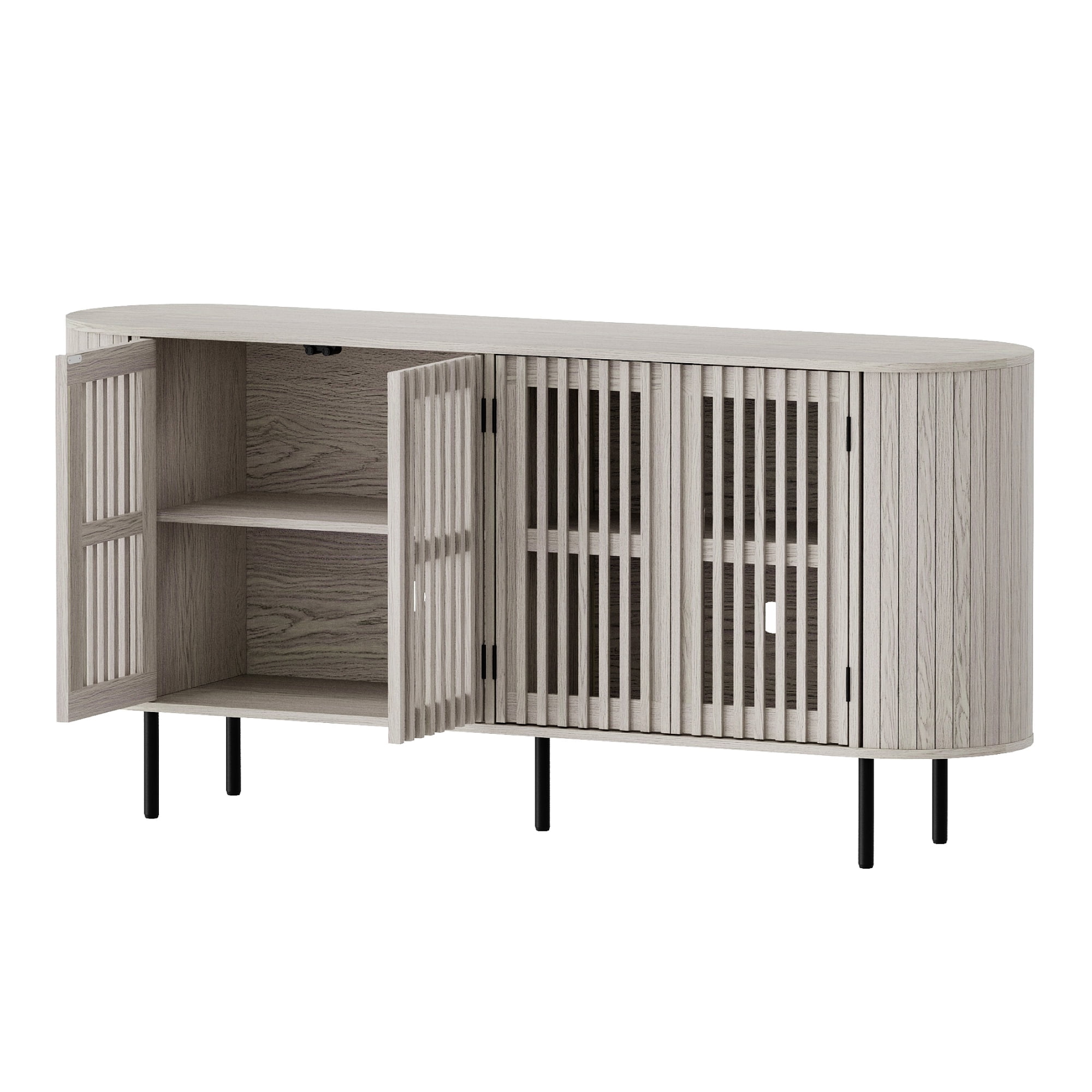 WAMPAT Modern Sideboard Buffet Cabinet with Storage, Wooden Accent Storage Cabinet with 4 Fluted Doors, Credenza with Curved Design for Dining Room, Living Room, Kitchen, White Washed