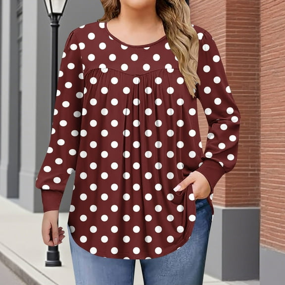 Blmnix Ladies Summer Tops Loose Fit Pullover Polka Dot Blouse Long Sleeve Red Crew Neck Concert Tops for Women,XL