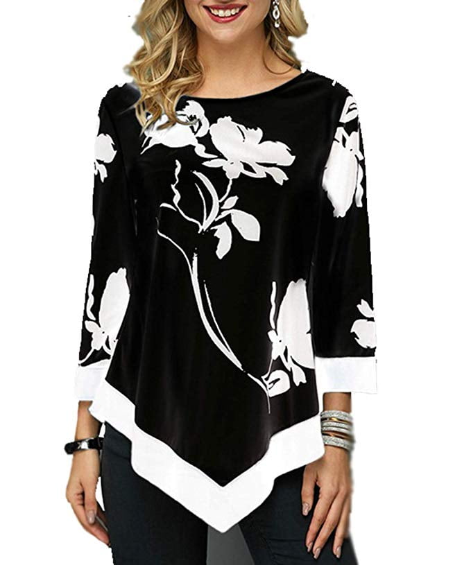 Women's 3/4 Sleeve Floral Print Blouse Tunics Irregular Hem ...