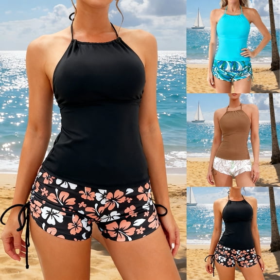 Tqyyweavej Halter Tankini Swim Suits for Women Tummy Control Solid Color Tight Ruched Bathing Suits Tops and Side Tie Print Color Block Swimwear Shorts