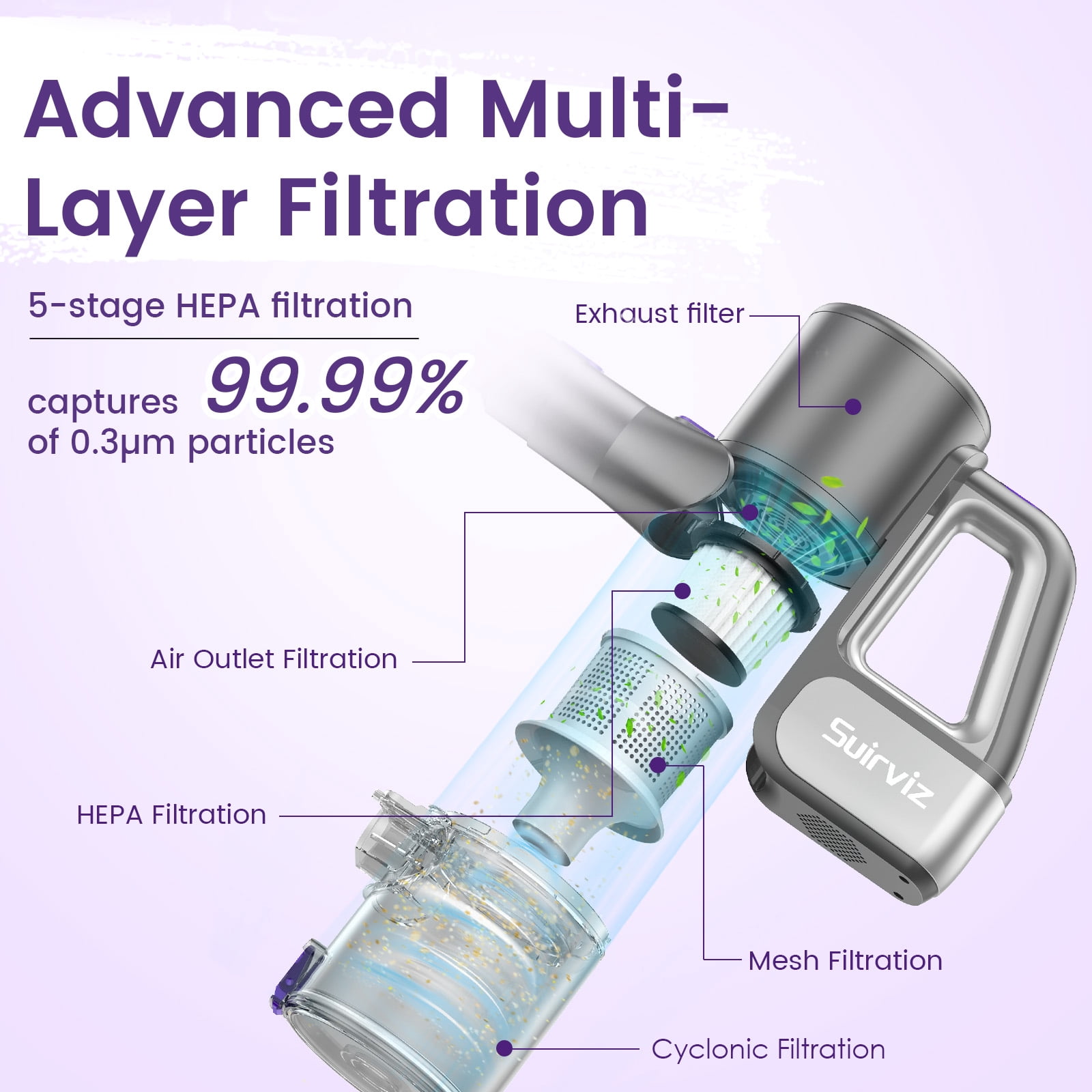 Cordless Vacuum Cleaner, 40KPA/35Mins, Green LED Light, Lightweight Stick Vacuum Self-Standing, Vacuum Cleaners for Home Handheld Vacuum for Pet Hair, Carpet, and Hard Floors