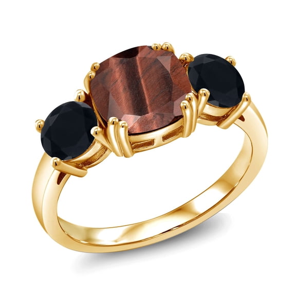 Gem Stone King 18K Yellow Gold Plated Silver Red Tiger Eye and Black Onyx 3 Stone Engagement Ring for Women (2.95 Cttw, Gemstone, Cushion 8MM, Size 6)